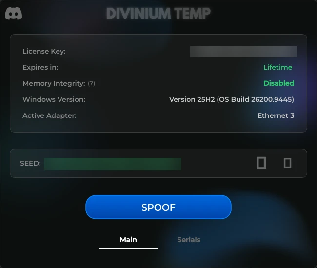 Temporary Spoofer main view with spoof controls